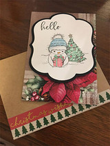 Christmas card with a snowman in a knit hat holding a gift beside a decorated tree, over 'hello' and 'christmas wishes.'