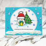 Bright blue winter card — the little snowman with a gift and tree in a circle over 'missing you this holiday season.'