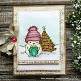 Rustic card with the snowman in a purple pom-pom hat and tree over 'missing you this holiday season.'
