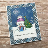 Navy plaid card with the snowman, gift and tree and 'missing you this holiday season.'
