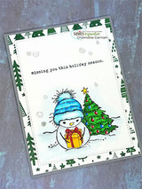 Wintry card with the snowman, gift and tree and 'missing you this holiday season.'
