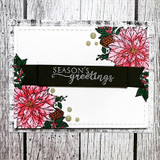 White distressed card with pink poinsettias and holly in opposite corners, gold dots, and a black banner reading "Season's Greetings."