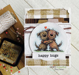 Card using the paper pack: two scruffy dogs hugging with 'happy hugs.'