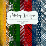Holiday Intrigue 6x6 paper pack. Jewel-tone Christmas prints in gold, green, red and blue with plaids, stripes and snowflakes.