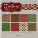 The Christmas Linen paper pack two - eight linen-textured 6x6 designs in cranberry, pine and cocoa including holly checkerboard, dots, diagonal stripes and solids, with the Christmas Linen label above them.
