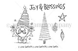 Red rubber stamp sheet: a gnome Santa in a tall striped hat holding tiny banner flags, two sketched pine trees, a star and small ornaments, with the sentiments 'Joy & Blessings' and 'I love Santa I love Santa I love Santa.'