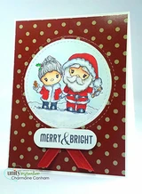 Card of Santa and Mrs. Claus in a circle on red polka dots, 'MERRY & BRIGHT'.