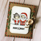 Card of Santa and Mrs. Claus on a green plaid panel with a button accent, 'MERRY & BRIGHT'.