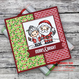 Card of colored Santa and Mrs. Claus on a red brick and holly panel, 'MERRY & BRIGHT'.