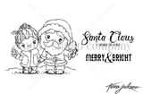 Red rubber stamp line art of Santa and Mrs. Claus with 'Santa Claus is coming to town' and 'Merry & Bright'.