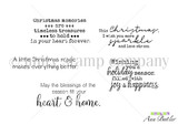 The More Sparkle, Less Stress red rubber sentiment set shown as line art: holiday greetings including 'sparkle and less stress' and 'heart & home', by Ann Butler and Lisa Arana.