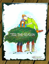 Card with the tree-carrying couple colored, 'Tis the Season'