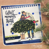 Navy card with the couple carrying the tree, 'Collect moments not things'