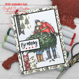 Holly-framed card with the couple and tree, 'Be merry'