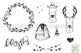 The Holly Jolly Critters red rubber stamp set: line-art of a wreath, deer, a scarf-wearing penguin, a heart and string lights with the sentiment 'holly jolly'.