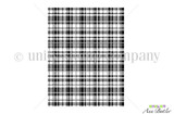 Red rubber background stamp of a classic buffalo-plaid check pattern that fills a card front.