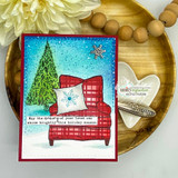 Winter card using the plaid on a red truck carrying a Christmas tree in the snow.