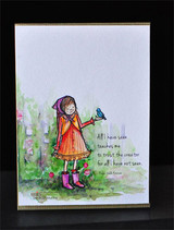 Card with the girl watercolored in an orange and red cape with pink boots and a blue bird, in a soft green garden wash, beside the Emerson sentiment.
