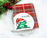 Santa-hat frog in a circle on a red plaid card with ''tis the season.'