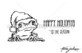 Line-art red rubber stamp of a frog in a Santa hat with 'Happy Holidays' and ''tis the season.'