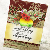 Card with the apples colored gold and green and the blossoms in deep red, layered on burgundy snowflake paper over a warm cream panel, script sentiment across the middle.