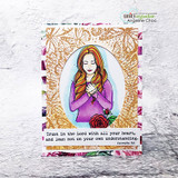 Card with the girl in a purple top holding a cross over an orange-gold floral panel and 'Trust in the Lord with all your heart.'