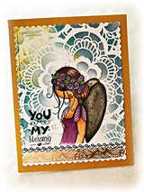 Kraft card with the angel girl in purple and 'YOU are MY blessing' over lace.