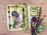 Vintage card with the angel girl and 'YOU are MY blessing' over green damask papers.