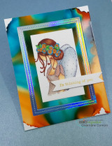 Bright foil-background card with the angel girl and 'To thinking of you.'