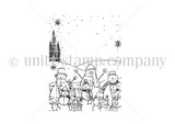 Large red rubber background stamp of a crowd of snowmen in hats and scarves gathered on a snowy hillside, with a slim pine tree and falling snowflakes overhead.