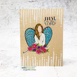 The angel colored in teal on a dripping-background card — 'Trust in the Lord.'