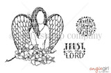 The Angel of Trust red rubber stamp — a feather-winged angel holding flowers with 'Faith Hope Love' and 'Trust in the Lord.'