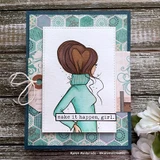 Soft pastel card with the heart-bun girl in a mint turtleneck on patterned paper with a twine bow and 'make it happen, girl.'