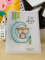 Card with the owl on a teal moon, 'the moon and stars shine for you.'