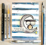 Card with the owl on a gray moon over a blue-striped panel, 'I'll always love you to the moon & back.'