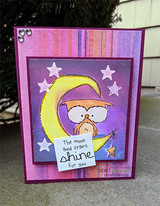 Card with the owl on a yellow moon against a purple starry sky, 'the moon and stars shine for you.'