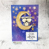 Card with the owl on a golden moon against a starry purple sky, 'the moon and stars shine for you.'
