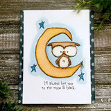 Card with the owl on a golden crescent moon with stars, 'I'll always love you to the moon & back.'