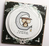 Card with the owl on the moon inside a wreath frame, 'I'll always love you to the moon & back.'