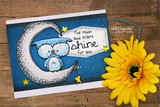 Card with the owl on a silvery moon over a blue panel, 'the moon and stars shine for you.'