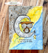 Mixed-media card with the owl on the moon over a blue-and-yellow wash, 'I'll always love you to the moon & back.'