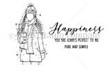 Line-art stamp sheet: Angie Blom's winter AngieGirl with 'Happiness, pure and simple' and 'You are always perfect to me' red rubber stamps, Unity Stamp Co.