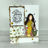 Autumn card with a girl holding coffee, 'Be strong and courageous,' among falling leaves.