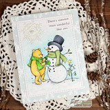 Handmade winter card, 'There's snow more wonderful than you,' with a bear and snowman on Brilliant Blizzard snowflake paper.