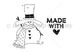 Red rubber stamp art of a folk-art snowman in top hat and polka-dot scarf with 'MADE WITH love' heart sentiment