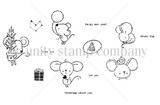 Outline stamp sheet of little mice, one sleeping, one holding a heart, one a tree, one a balloon, with "thinking about you," "i love you," "for you" and "dream big."