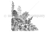 Red rubber stamp image of the Wildflower Corner floral background with layered blossoms and grasses