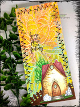 Cozy Cottage card, the whimsical little house colored with a red door and leafy tree, 'Congratulations on your new home'.