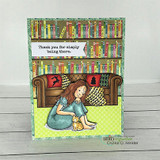 The girl in a teal dress petting a cat on a card with a cozy bookshelf-and-sofa scene, with "Thank you for simply being there."