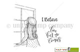 Line-art stamp of a little girl kneeling at a window looking out, with 'I believe' and 'love has no limits.'